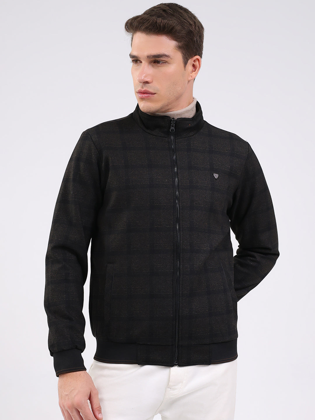 Men Black Solid Mock Neck Full Sleeve Jacket