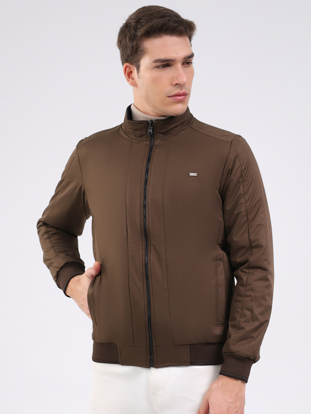 Men Black Solid Mock Neck Full Sleeve Jacket