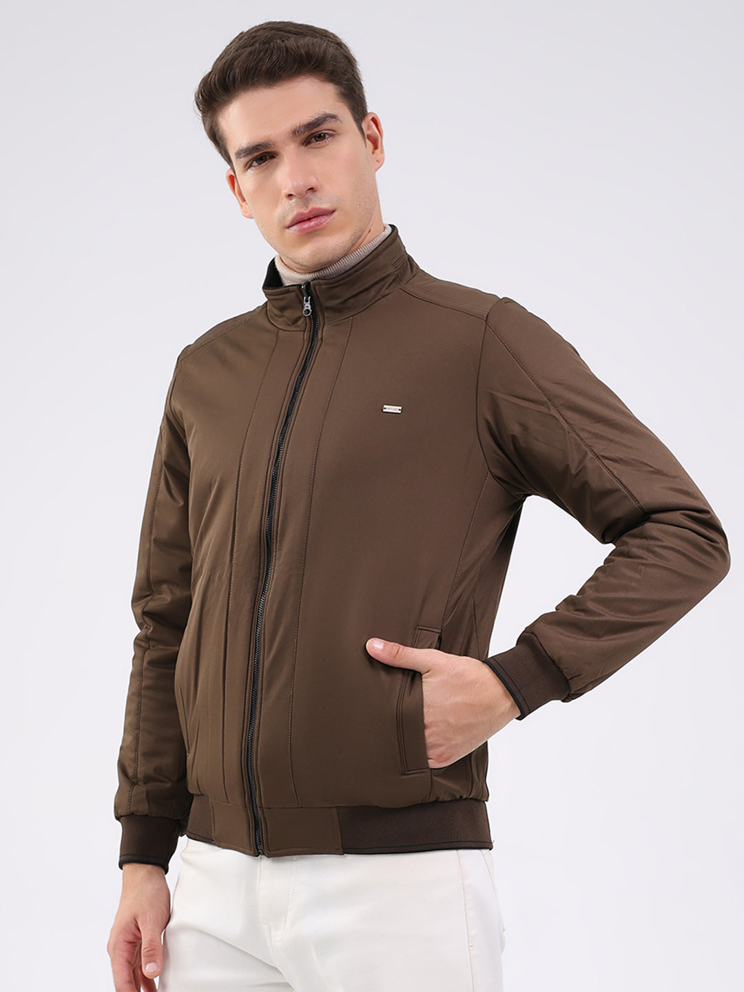 Men Black Solid Mock Neck Full Sleeve Jacket