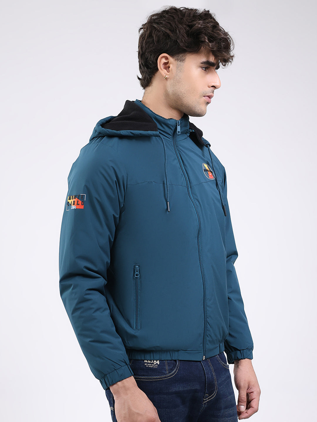 Men Teal Blue Solid Hooded Full Sleeve Jacket