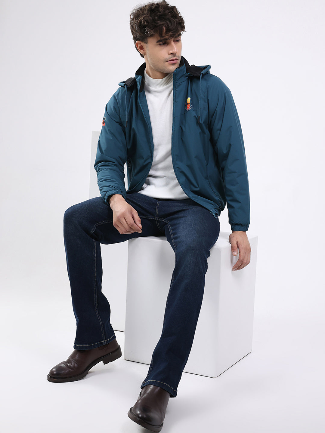 Men Teal Blue Solid Hooded Full Sleeve Jacket