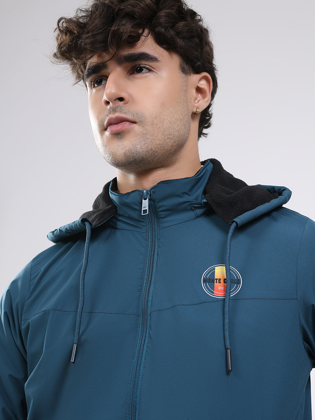 Men Teal Blue Solid Hooded Full Sleeve Jacket