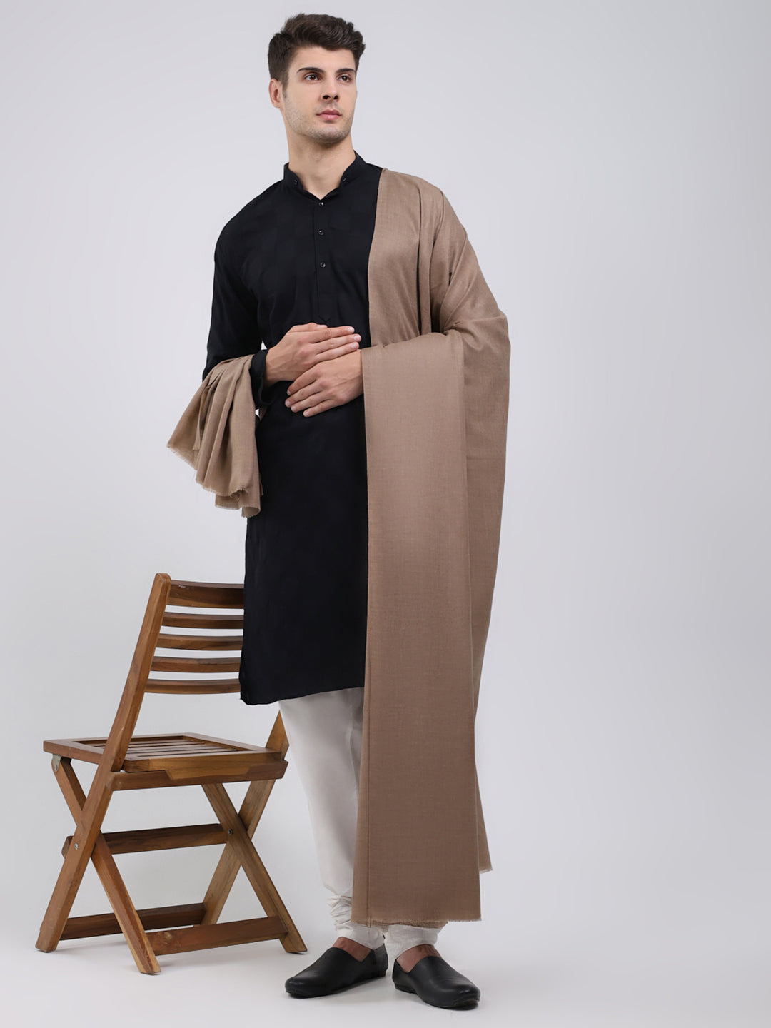 Men Khaki Solid Wool Blend Lohi Shawl