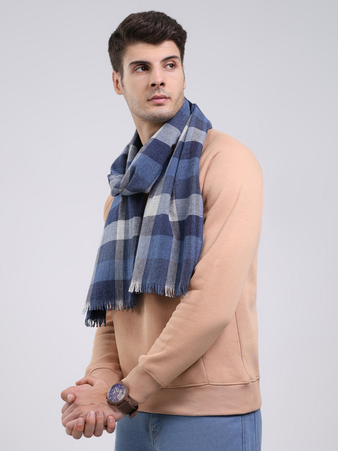 Men Blue Self Design Wool Blend Muffler