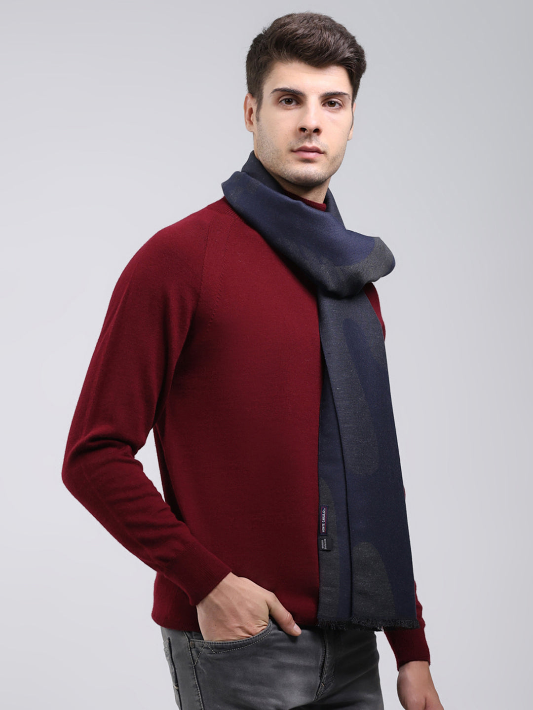 Men Navy Blue Self Design Wool Blend Muffler