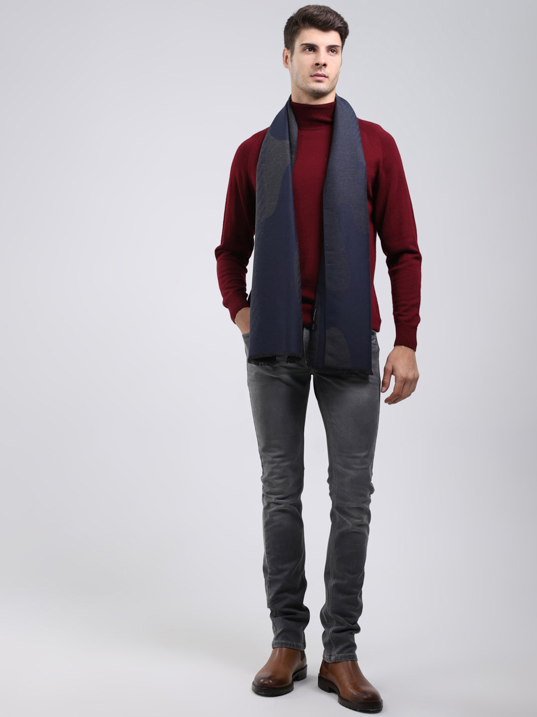 Men Navy Blue Self Design Wool Blend Muffler