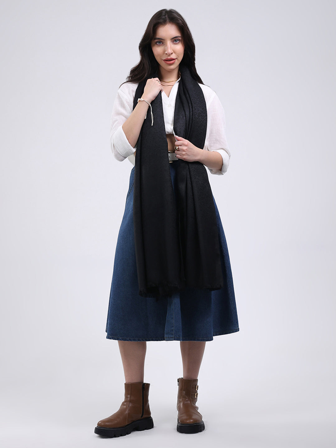 Women Black Solid Wool Blend Shawl