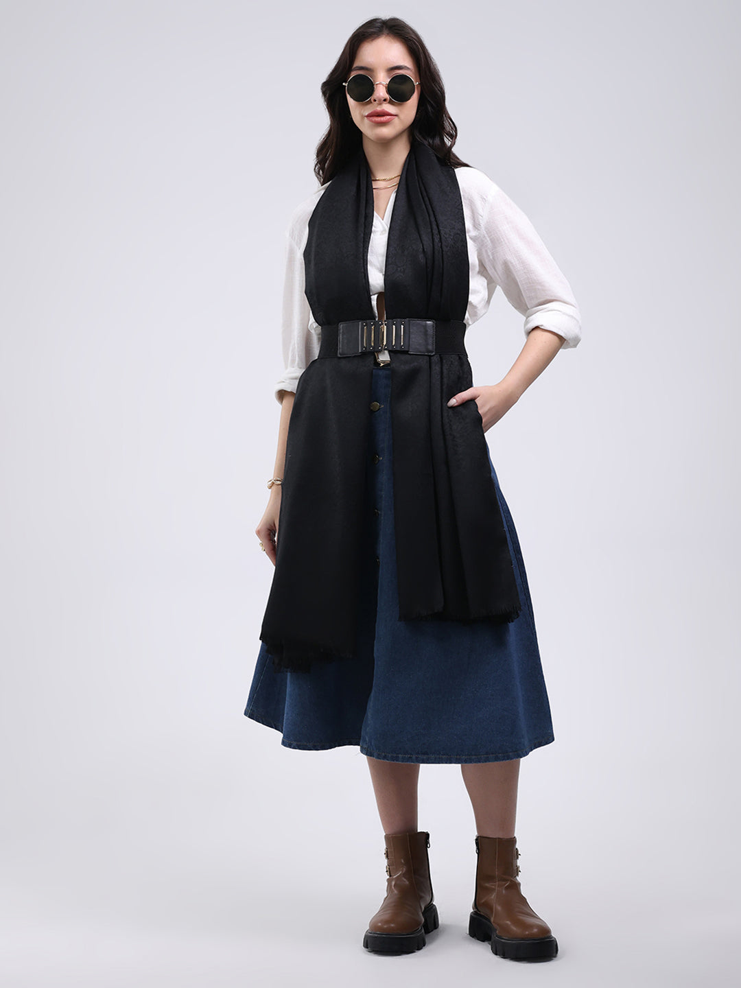 Women Black Solid Wool Blend Shawl