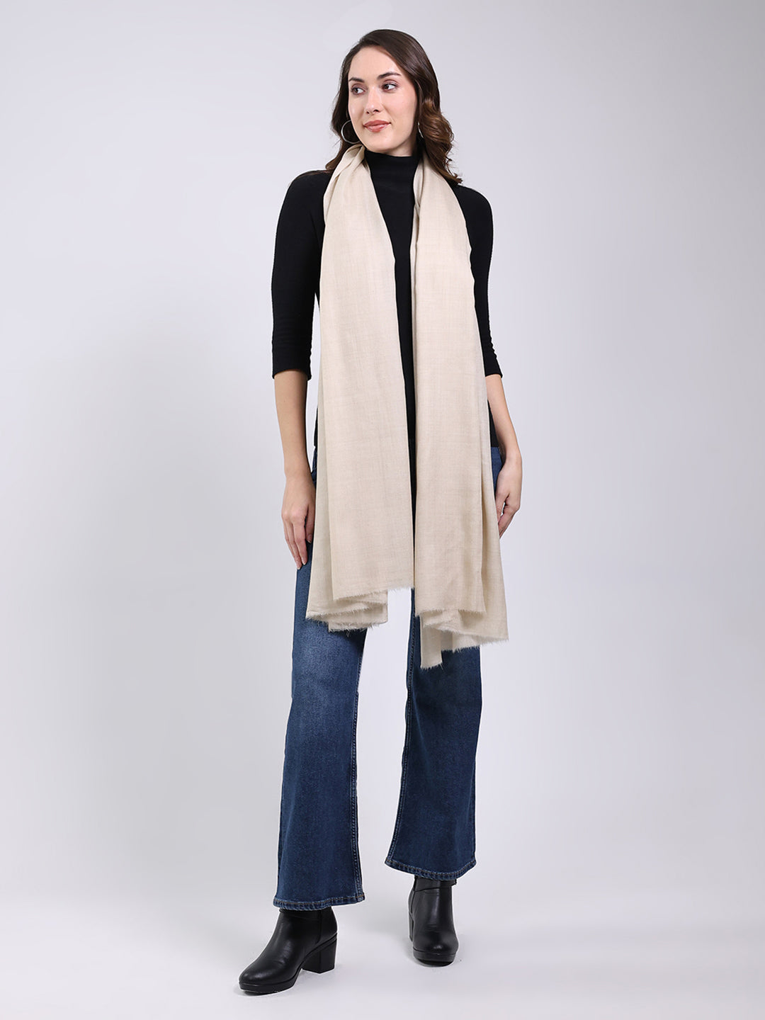 Women Cream Solid Wool Blend Shawl