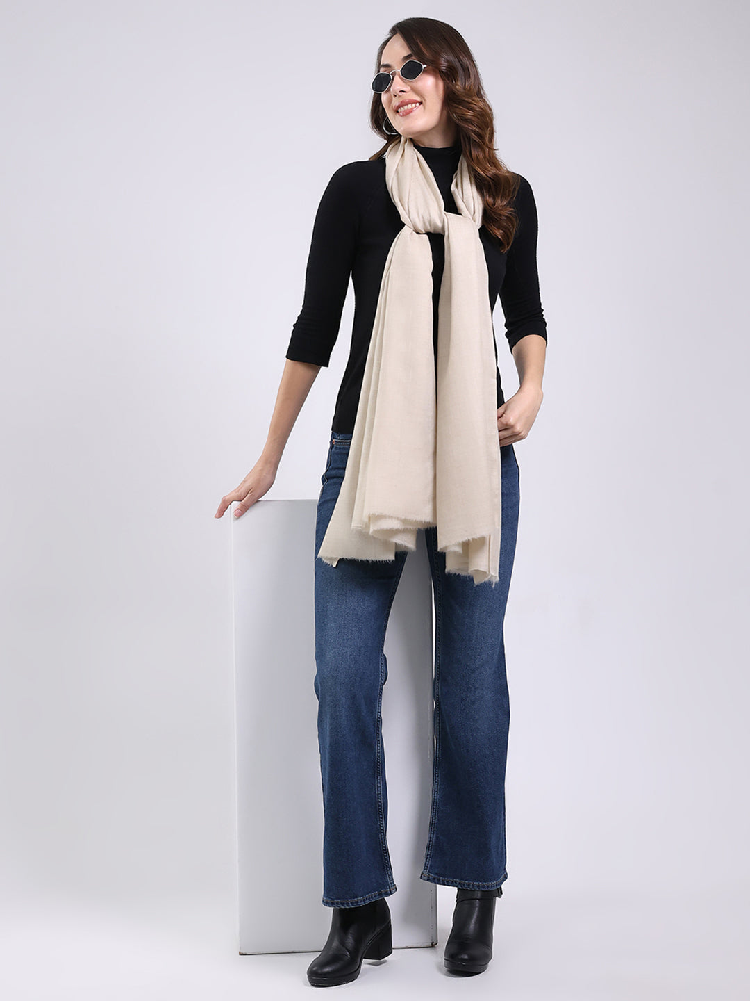 Women Cream Solid Wool Blend Shawl