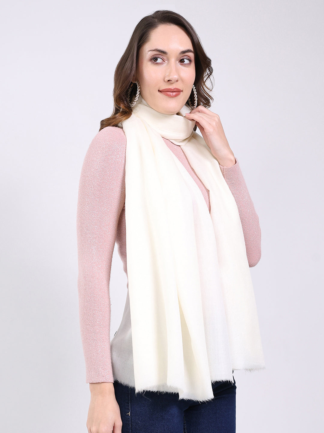 Women White Solid Wool Blend Shawl