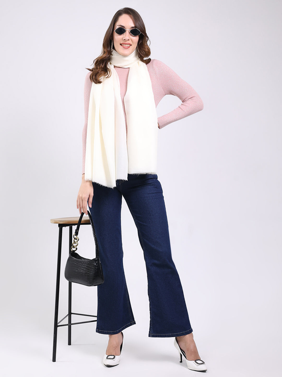 Women White Solid Wool Blend Shawl