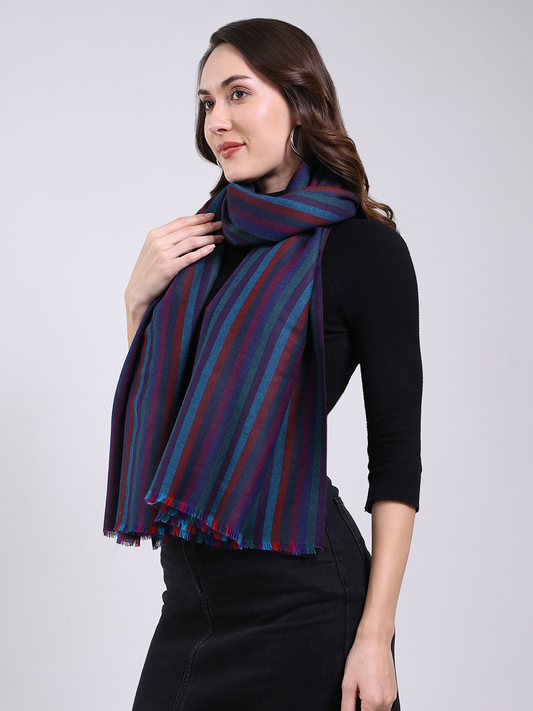 Women Blue Solid Wool Blend Shawl