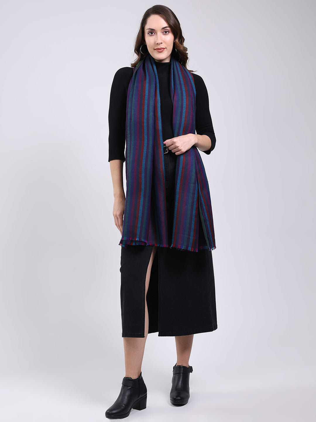 Women Blue Solid Wool Blend Shawl