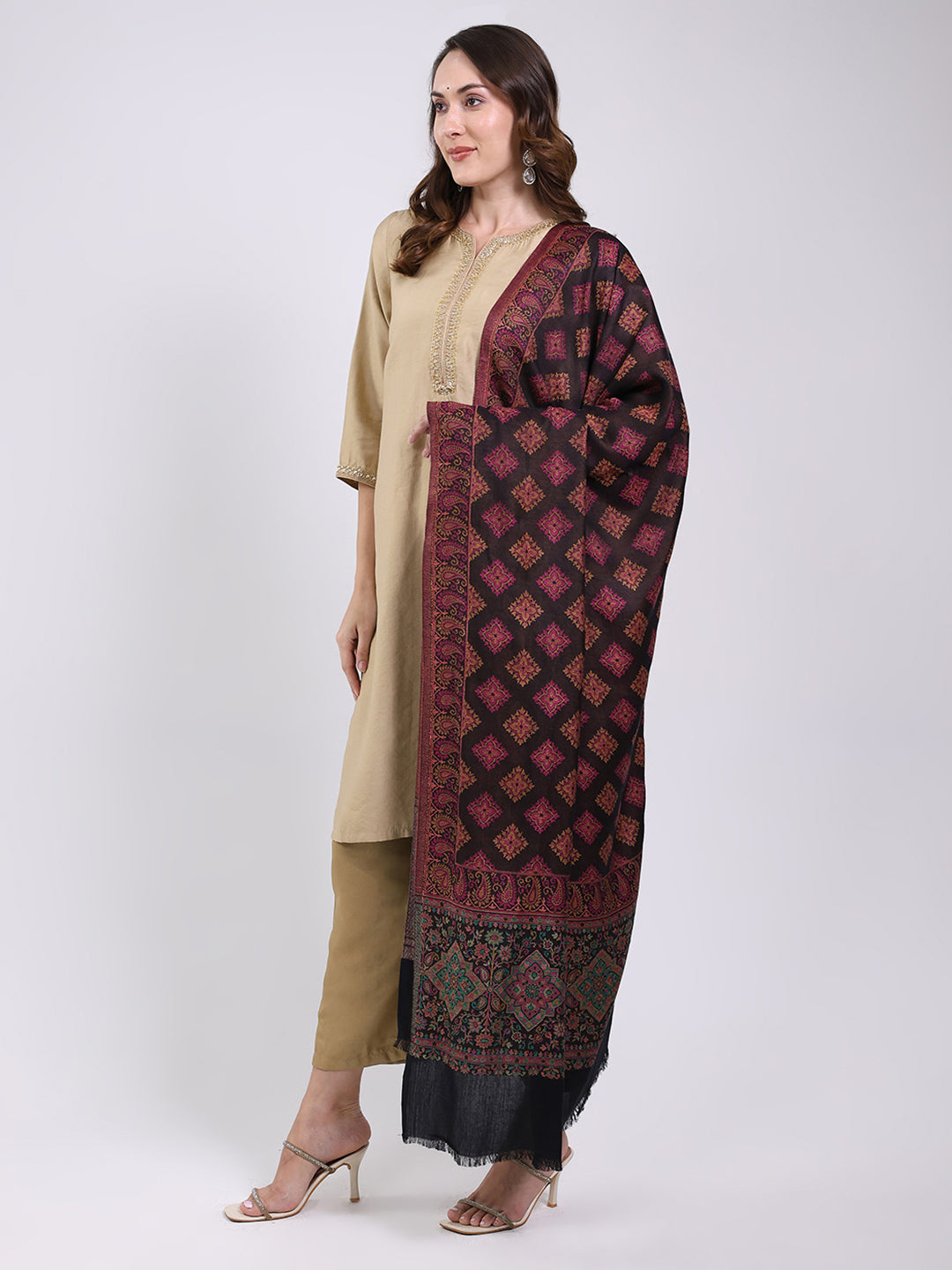 Women Maroon Printed Wool Blend Shawl