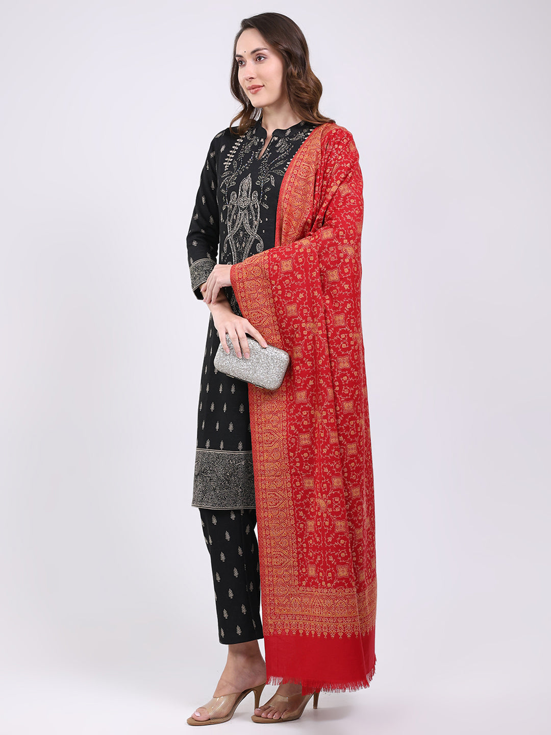 Women Red Printed Wool Blend Shawl