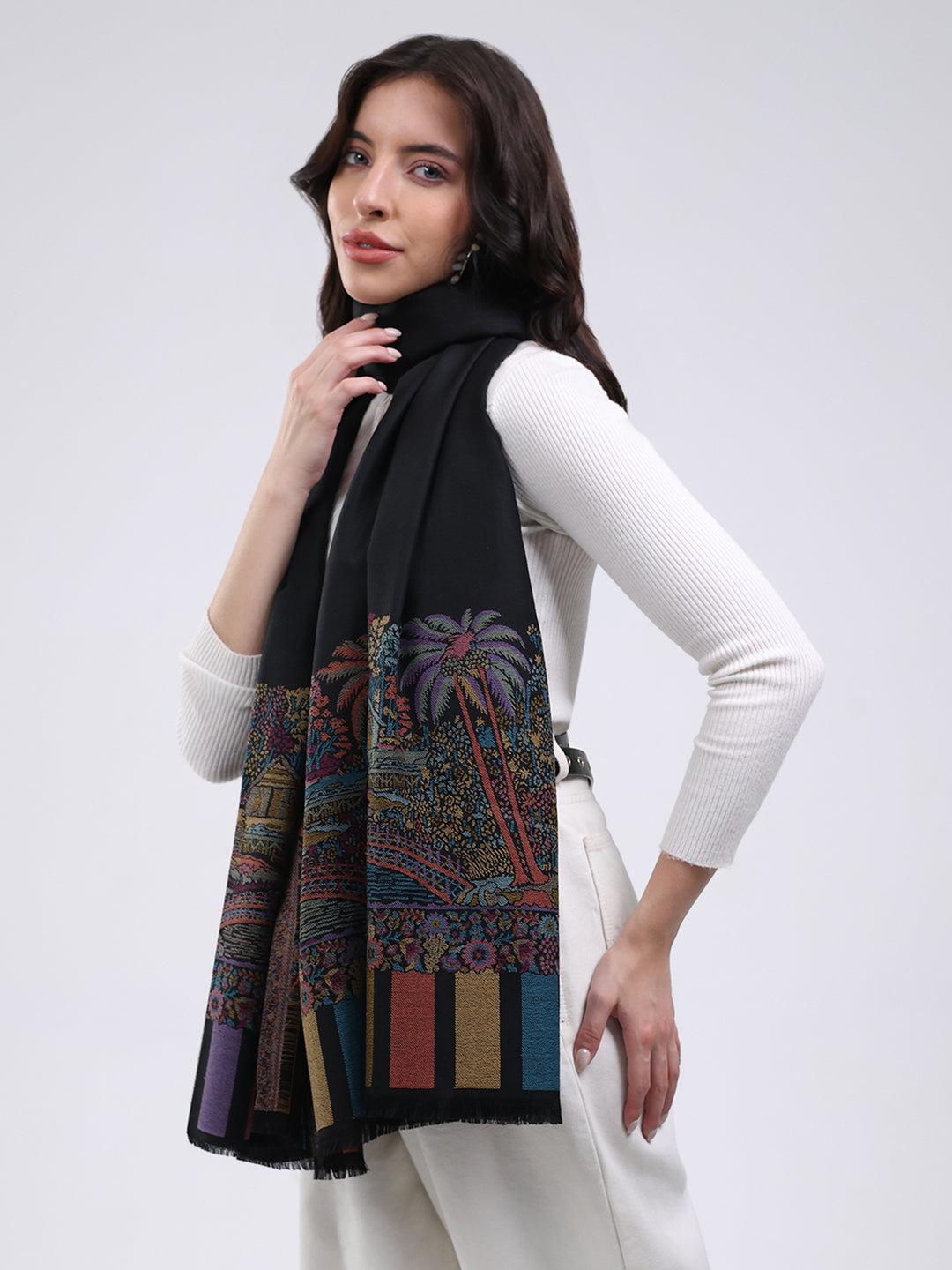 Women Black Printed Wool Blend Shawl