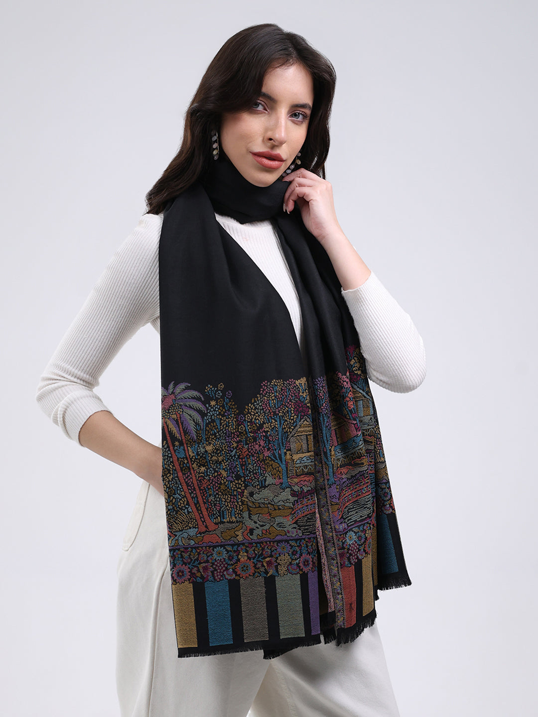 Women Black Printed Wool Blend Shawl
