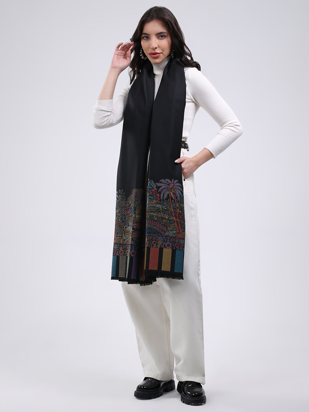 Women Black Printed Wool Blend Shawl