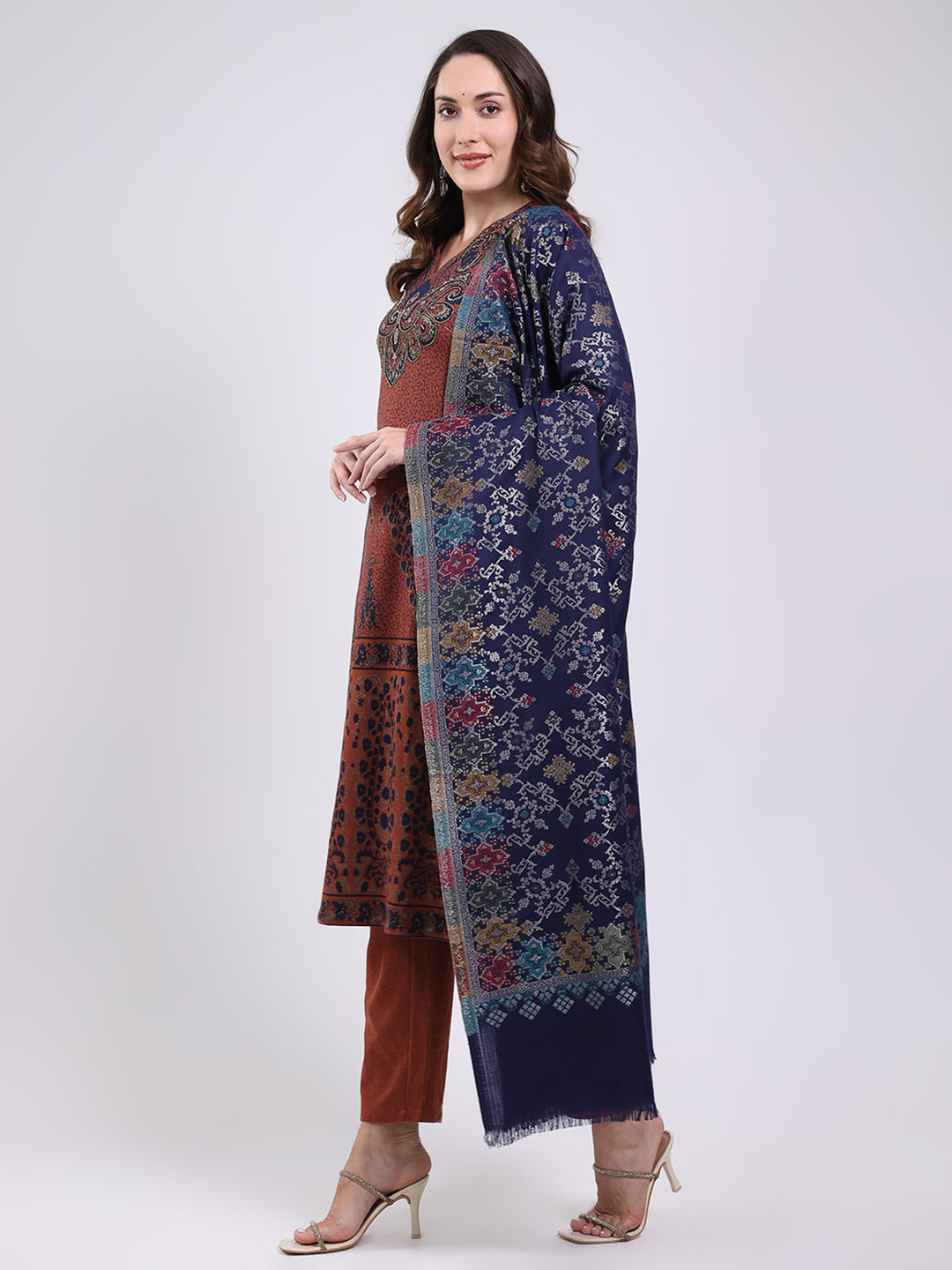 Women Navy Blue Printed Wool Blend Shawl