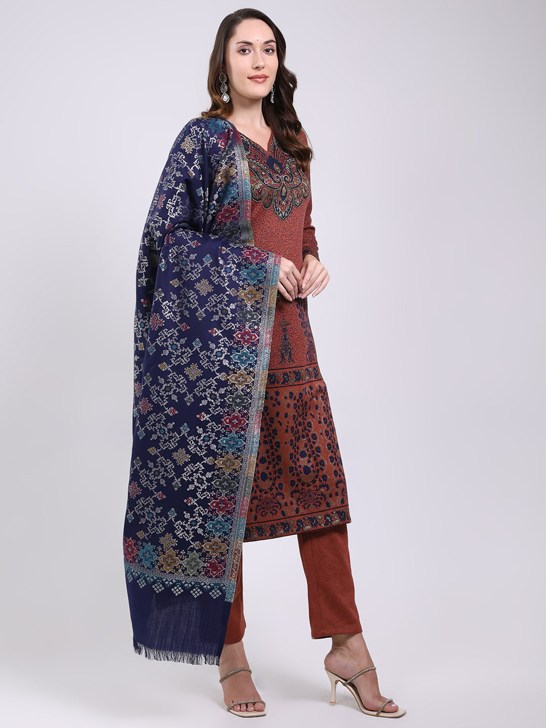 Women Navy Blue Printed Wool Blend Shawl