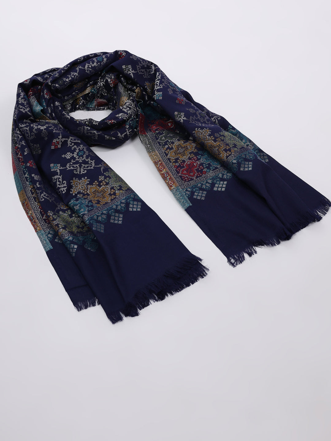 Women Navy Blue Printed Wool Blend Shawl