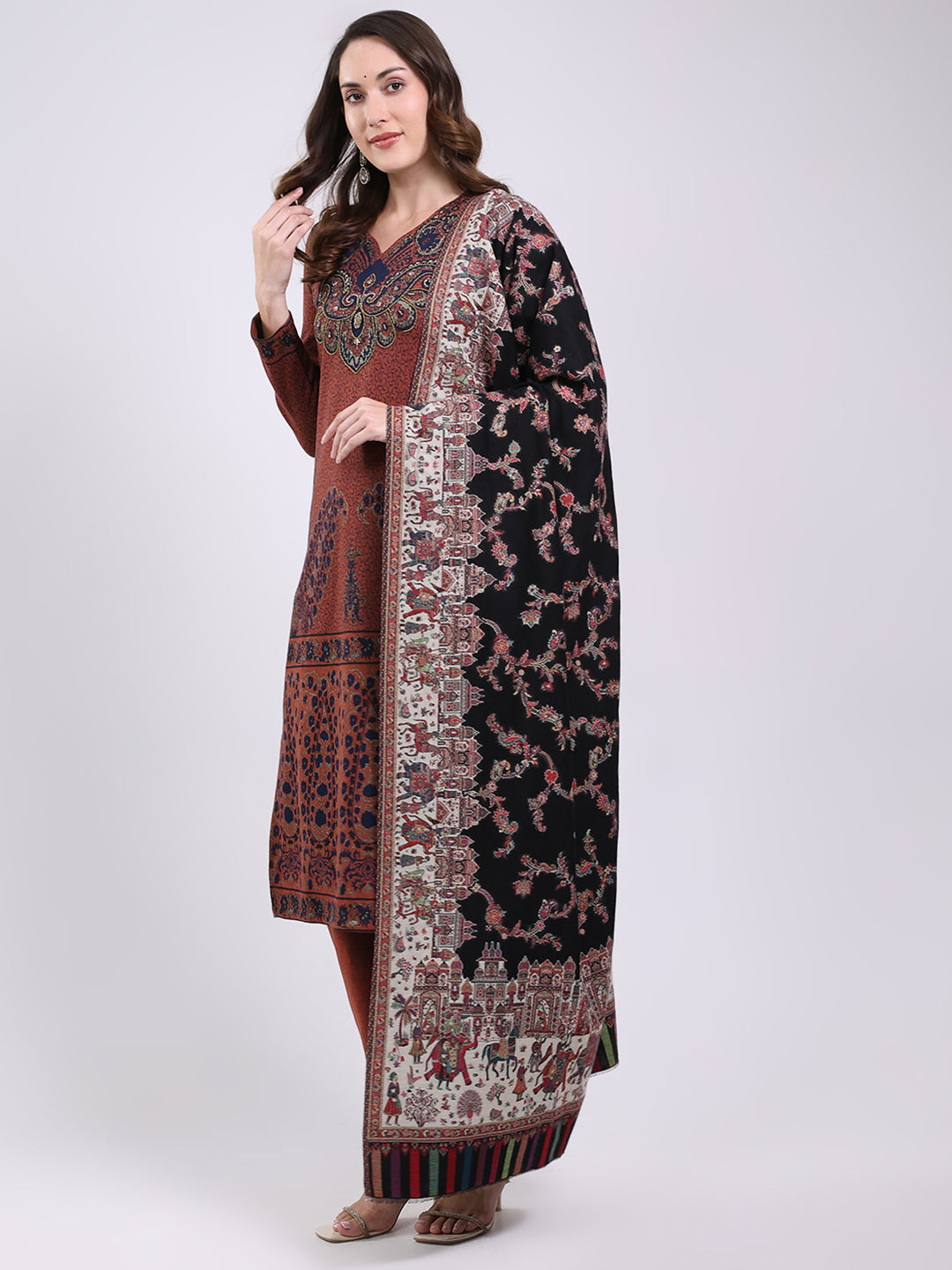 Women Black Printed Wool Blend Shawl