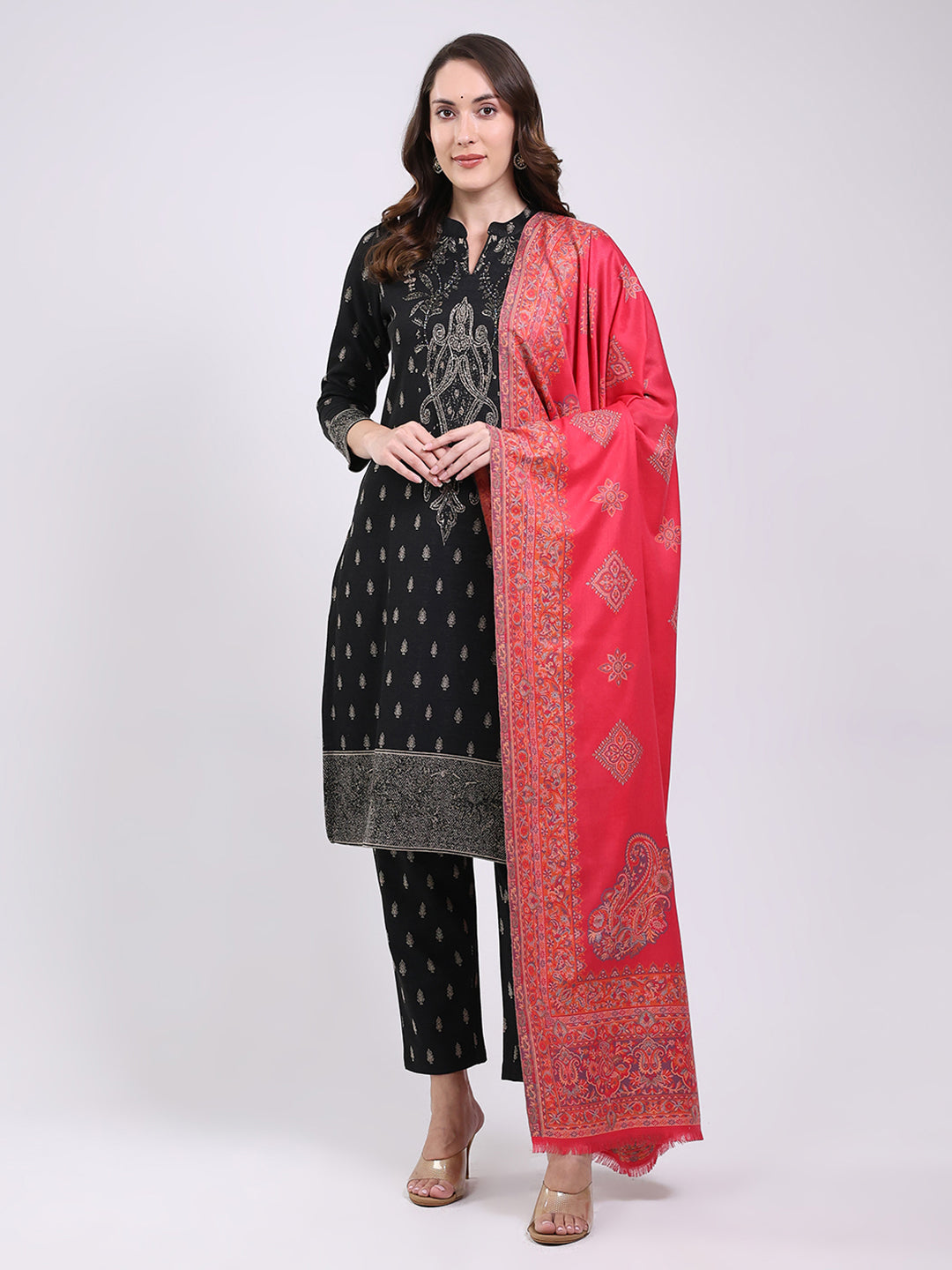 Women Pink Printed Wool Blend Shawl