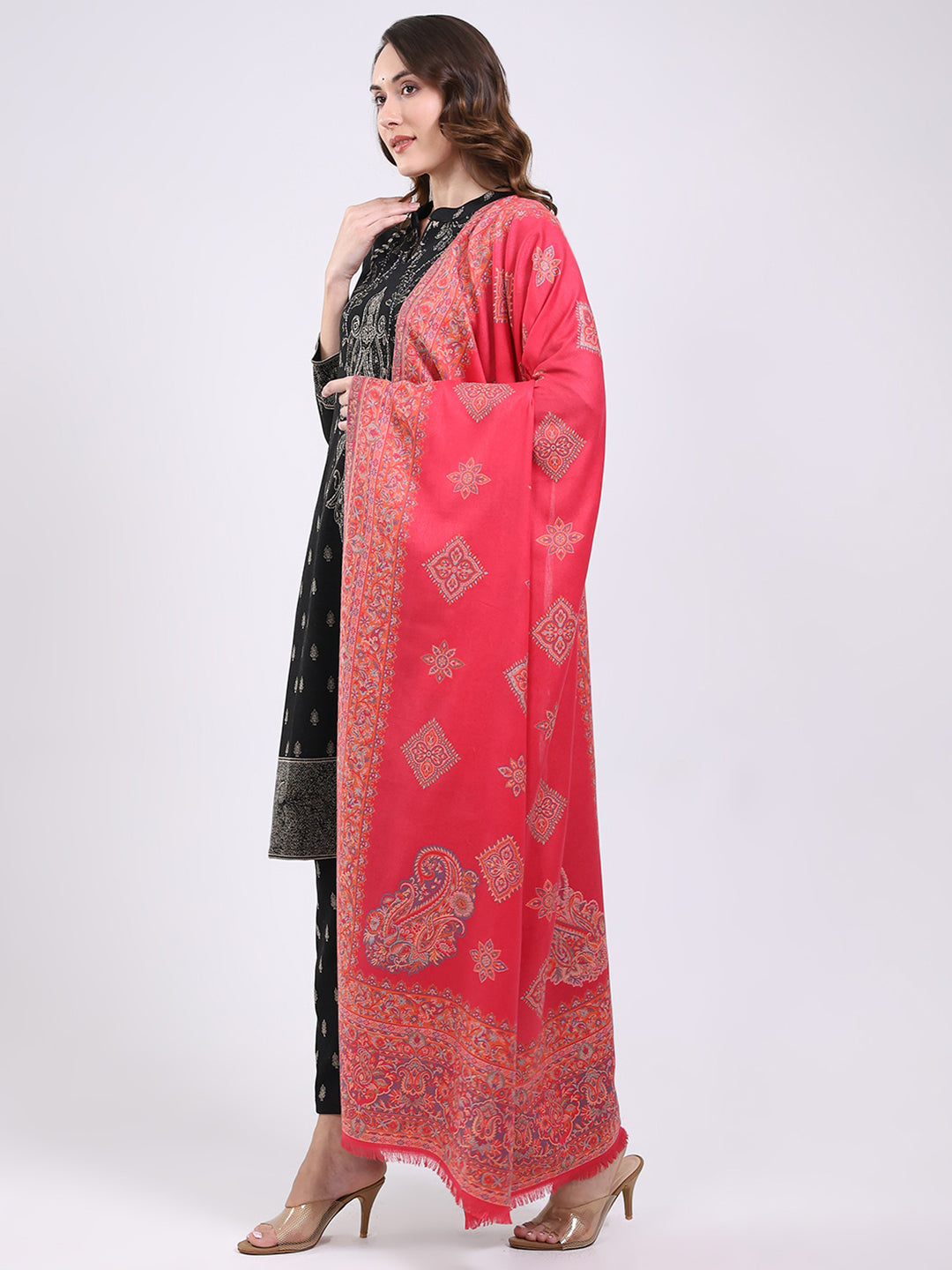 Women Pink Printed Wool Blend Shawl