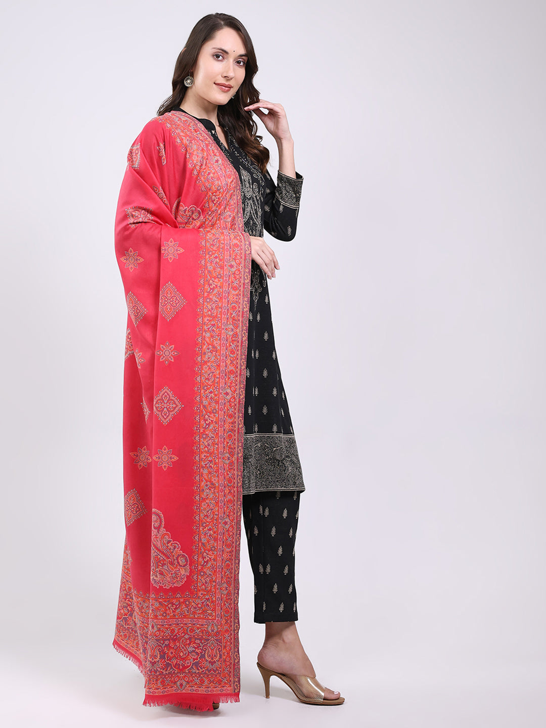 Women Pink Printed Wool Blend Shawl