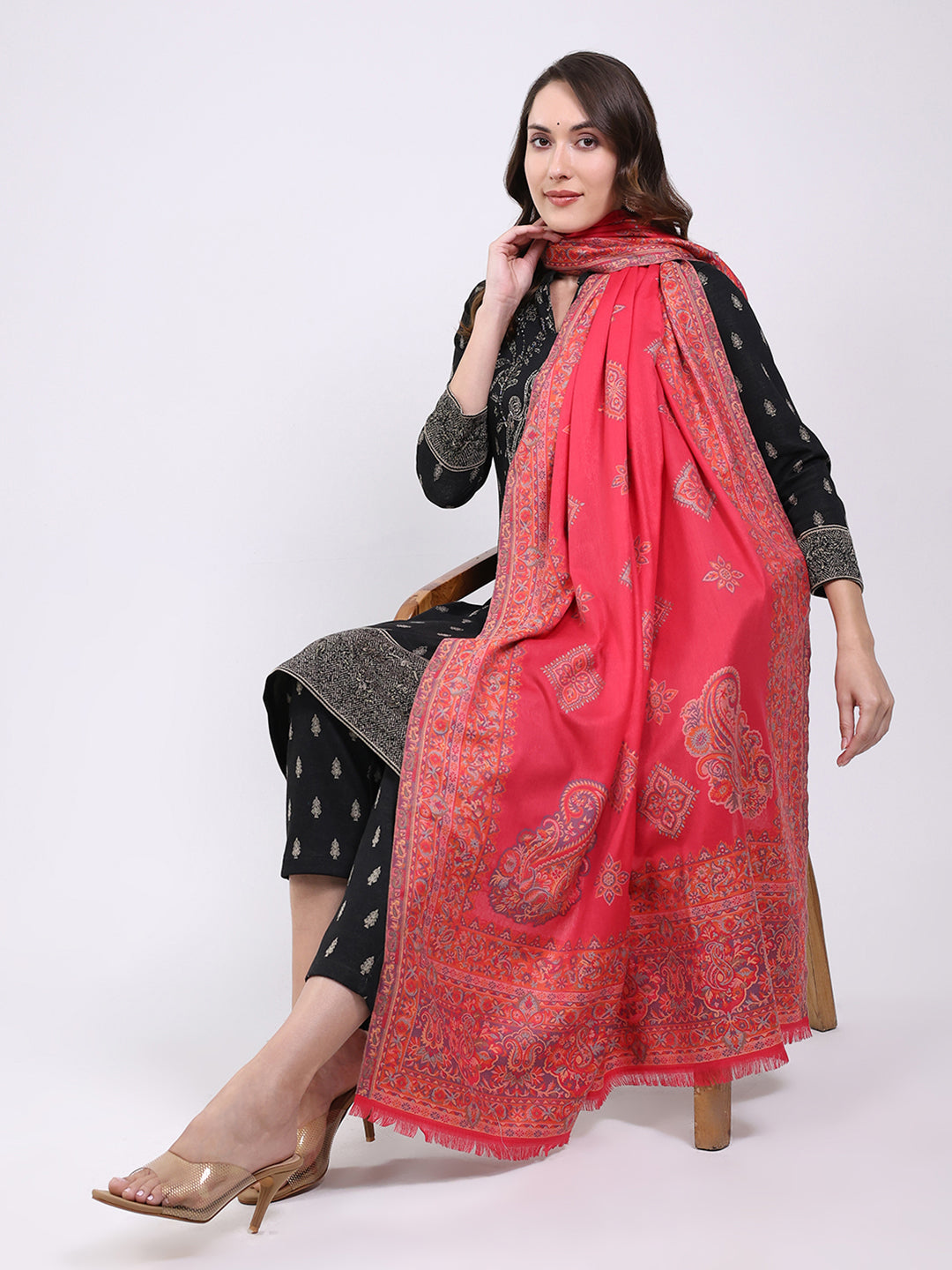 Women Pink Printed Wool Blend Shawl