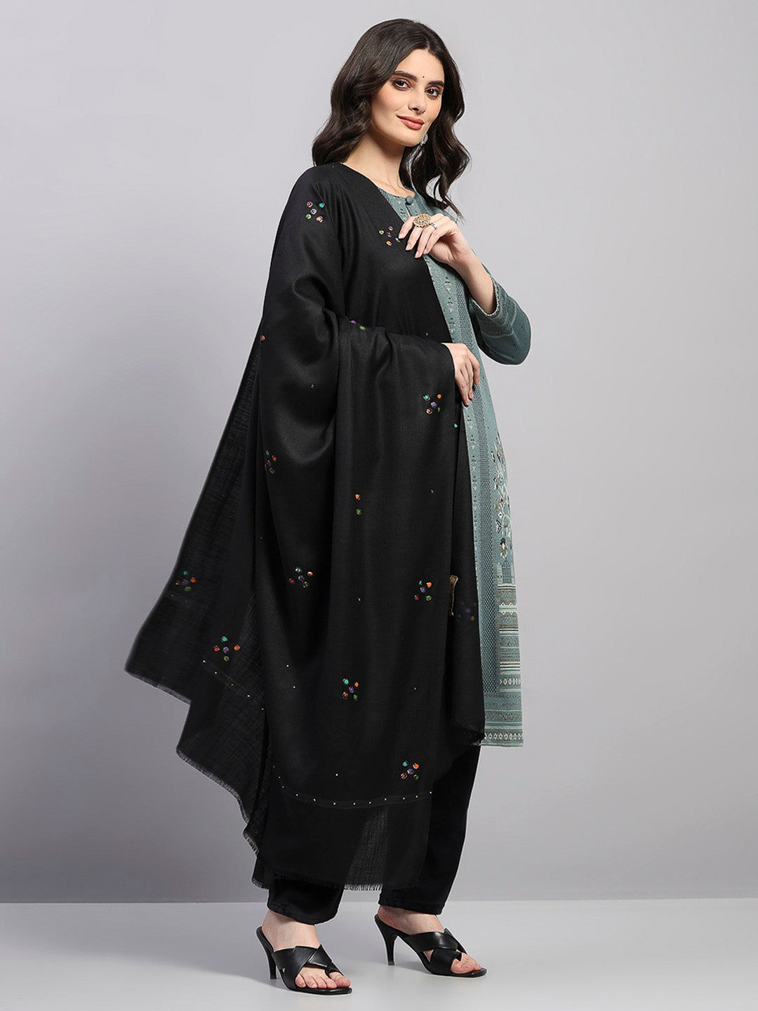 Women Black Printed Wool Blend Shawl