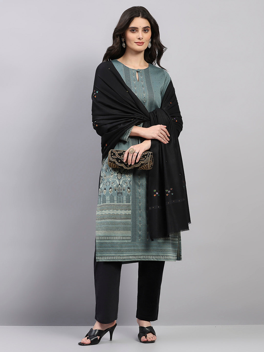 Women Black Printed Wool Blend Shawl