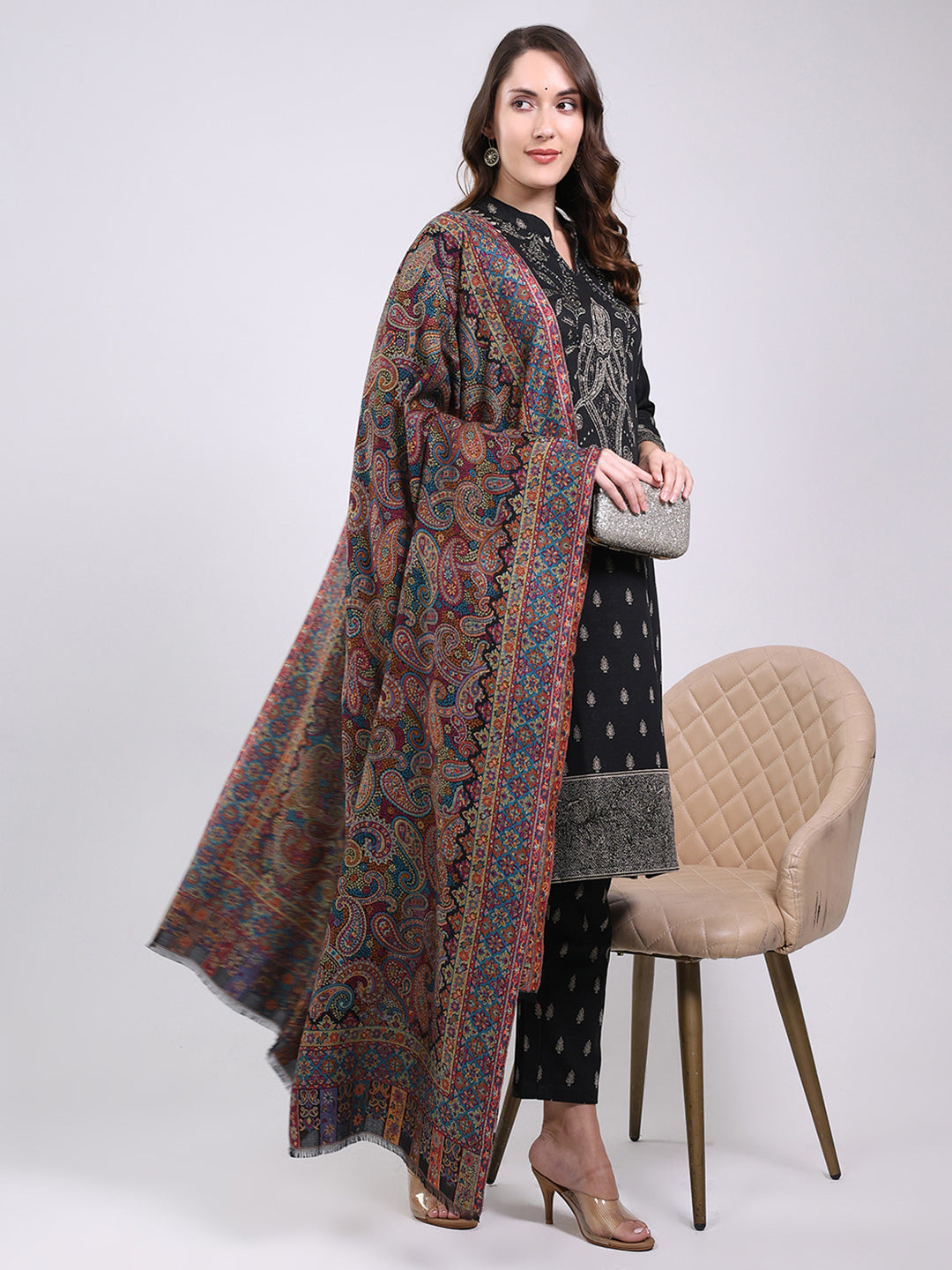 Women Brown Printed Wool Blend Shawl