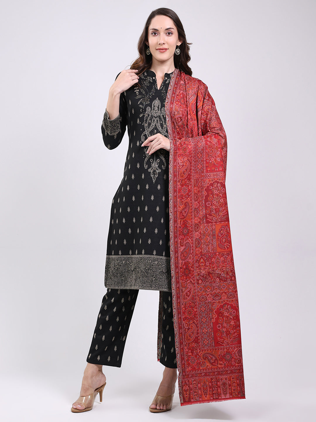 Women Maroon Printed Wool Blend Shawl