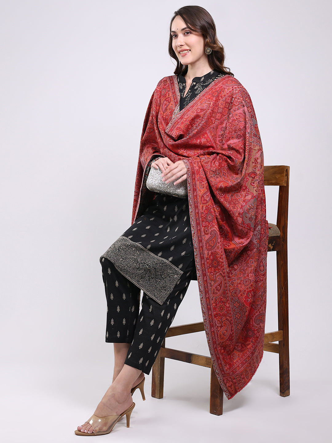 Women Maroon Printed Wool Blend Shawl