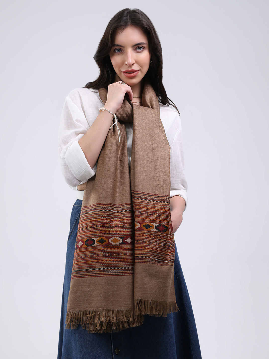 Women Brown Solid Wool Blend Shawl