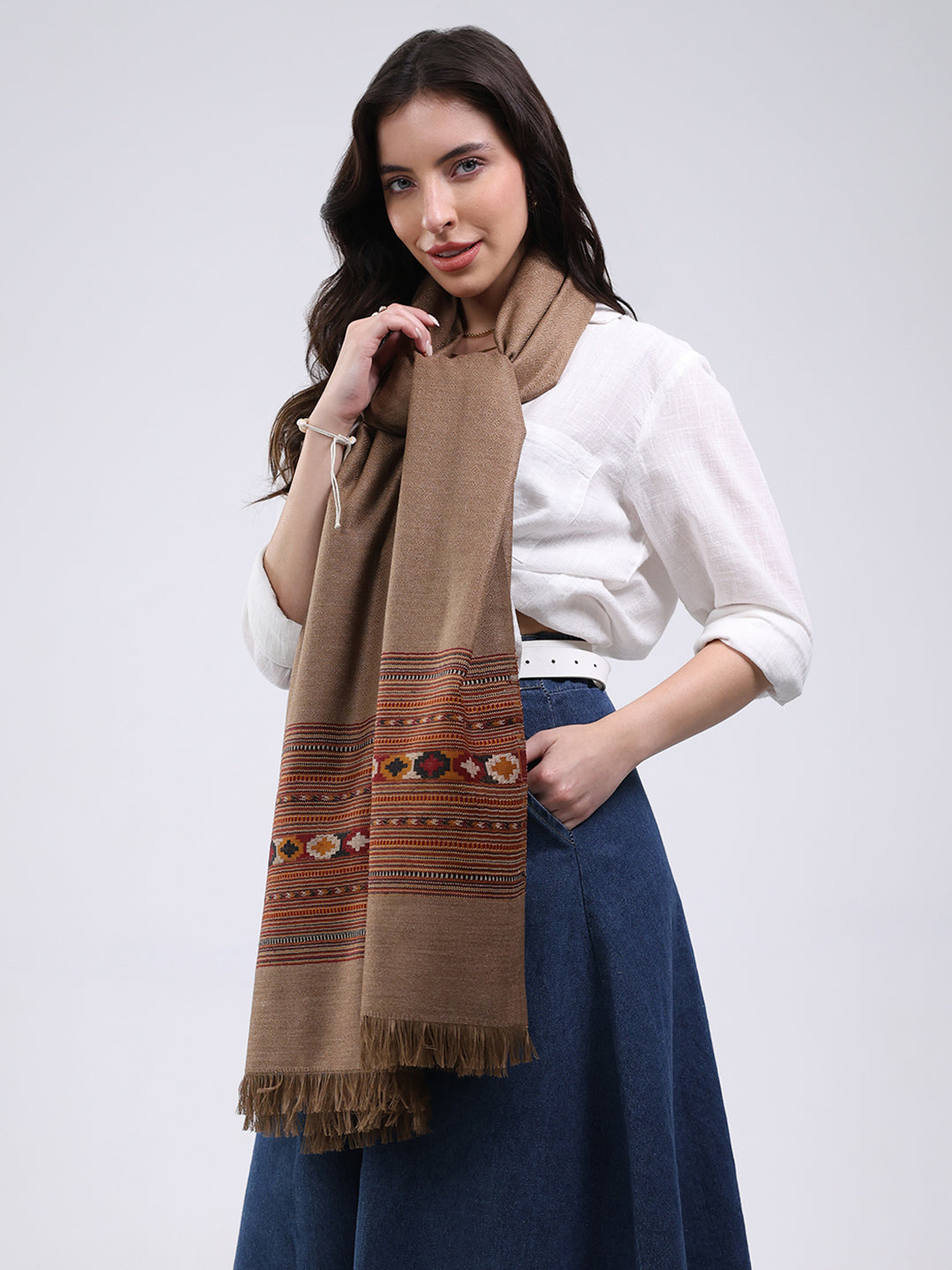 Women Brown Solid Wool Blend Shawl