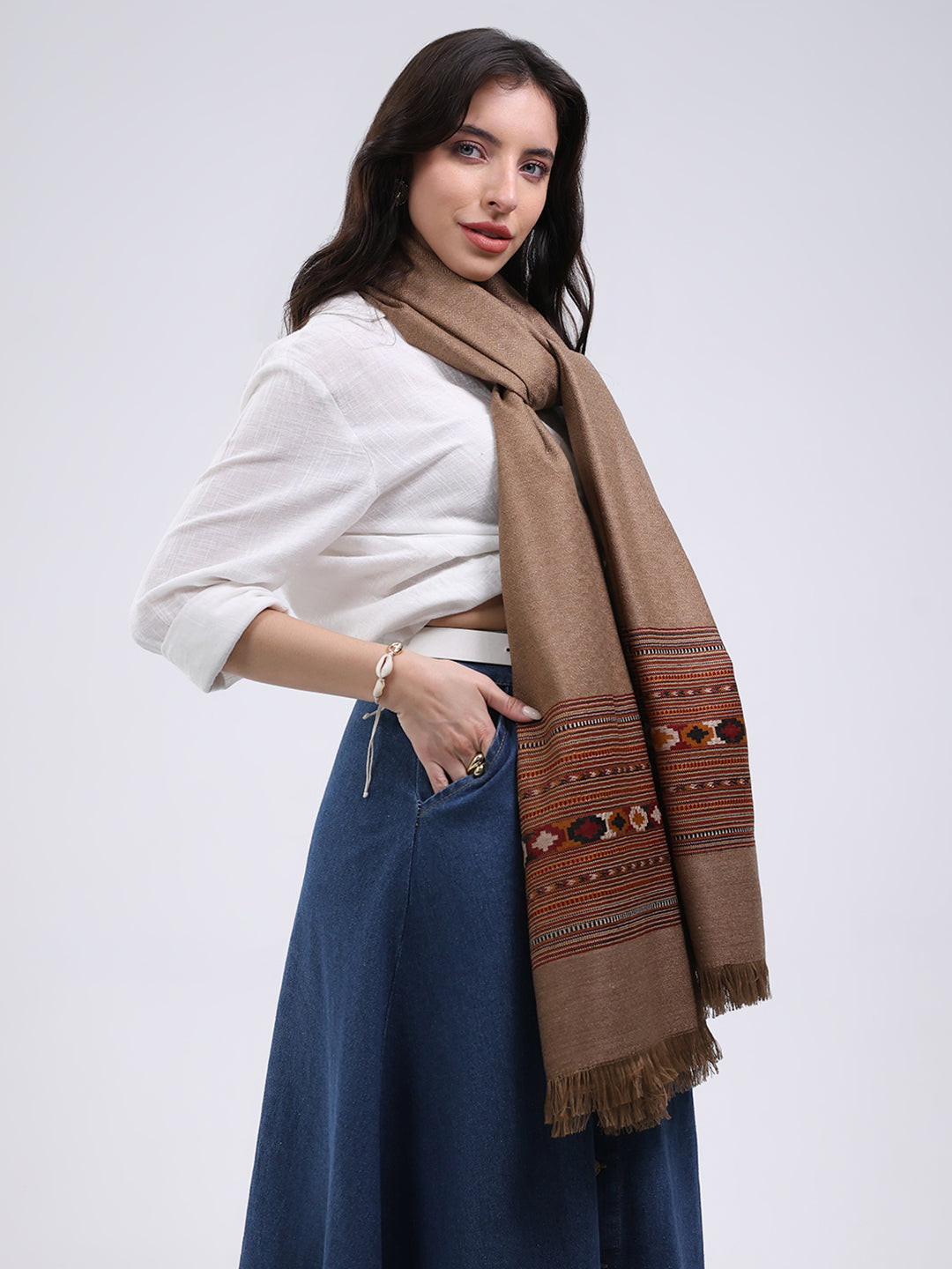 Women Brown Solid Wool Blend Shawl