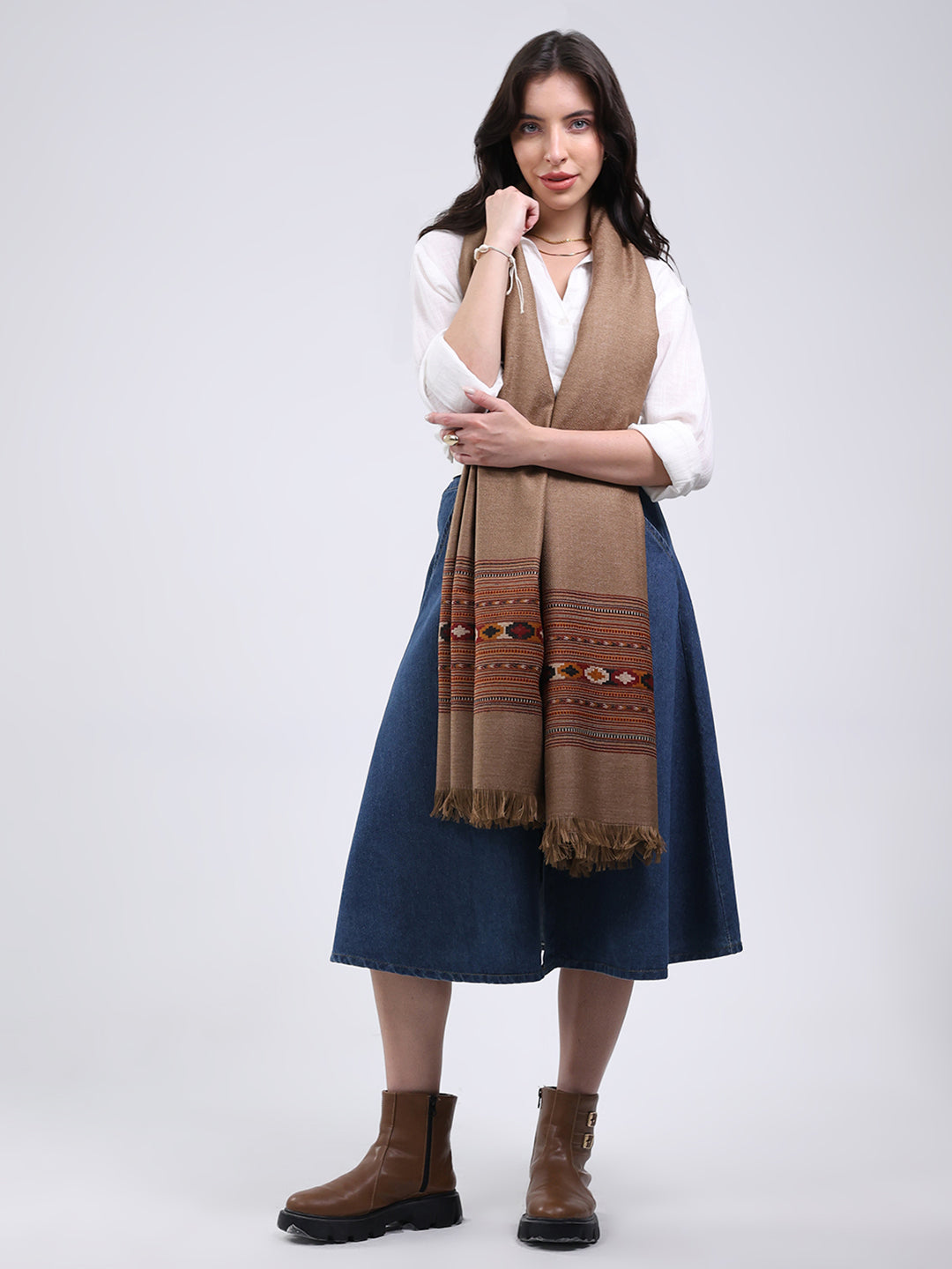 Women Brown Solid Wool Blend Shawl