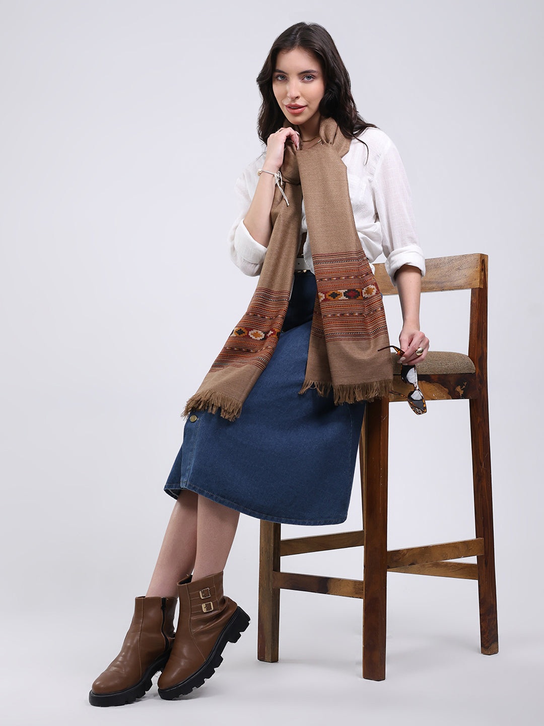 Women Brown Solid Wool Blend Shawl