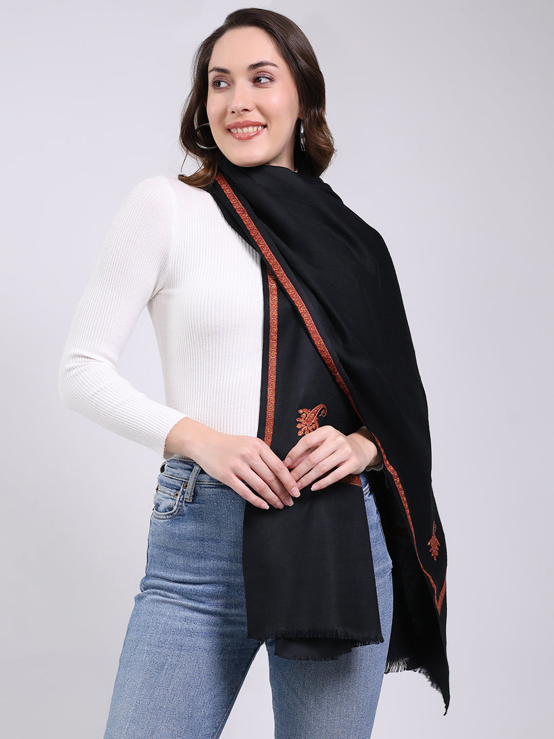 Women Black Solid Wool Blend Shawl