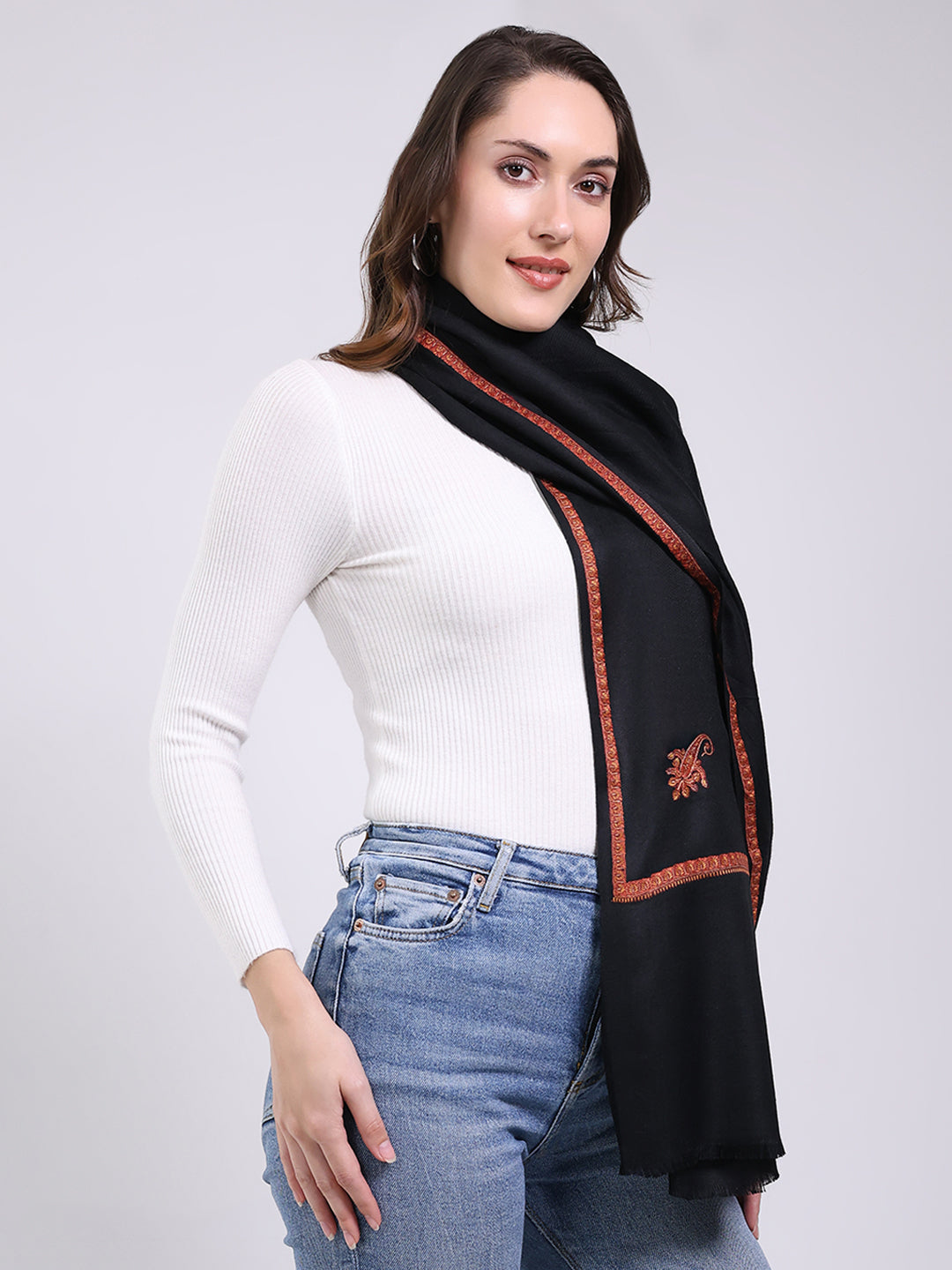 Women Black Solid Wool Blend Shawl