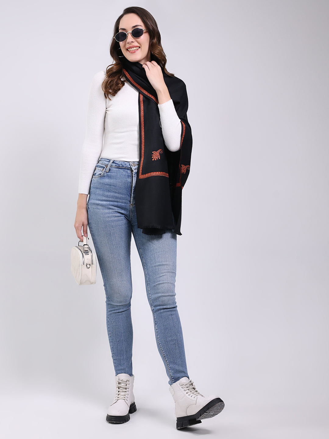 Women Black Solid Wool Blend Shawl