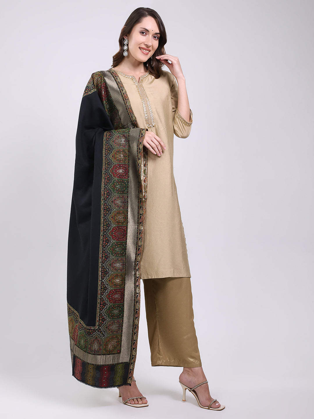 Women Black Printed Wool Blend Shawl