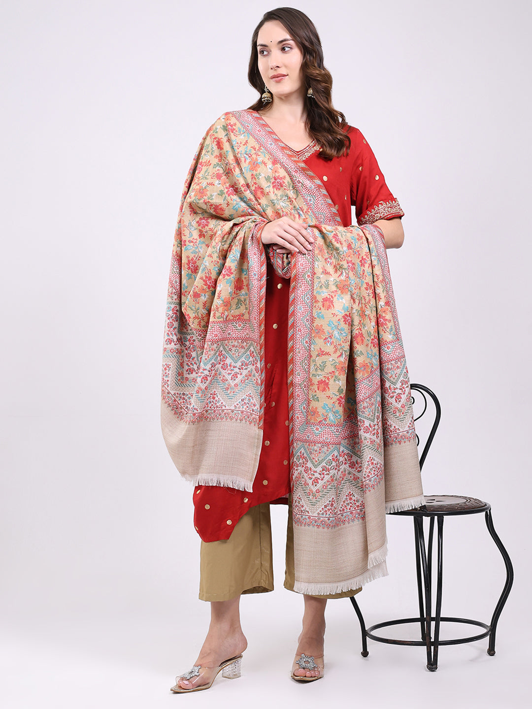 Women Beige Printed Wool Blend Shawl