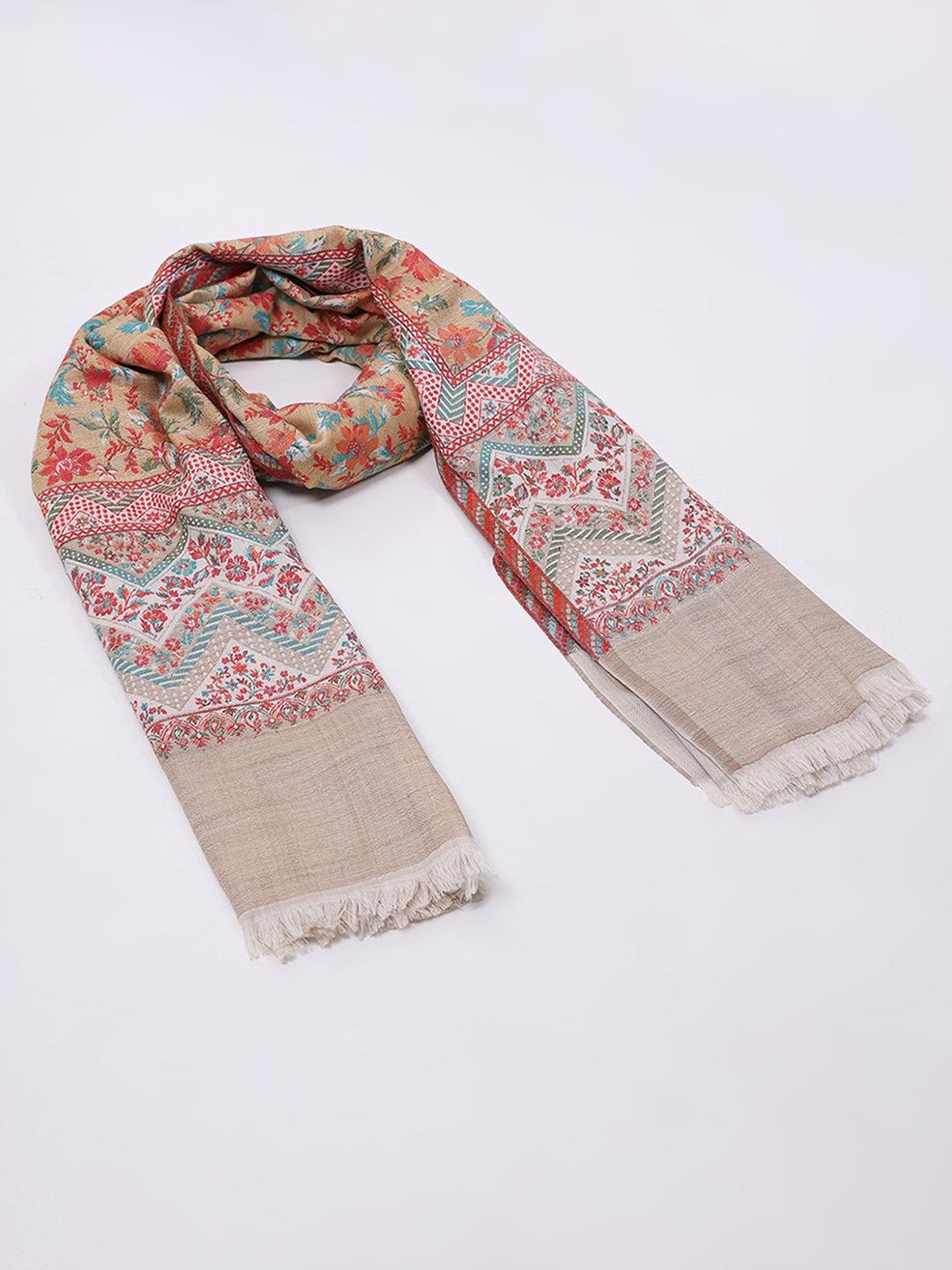Women Beige Printed Wool Blend Shawl