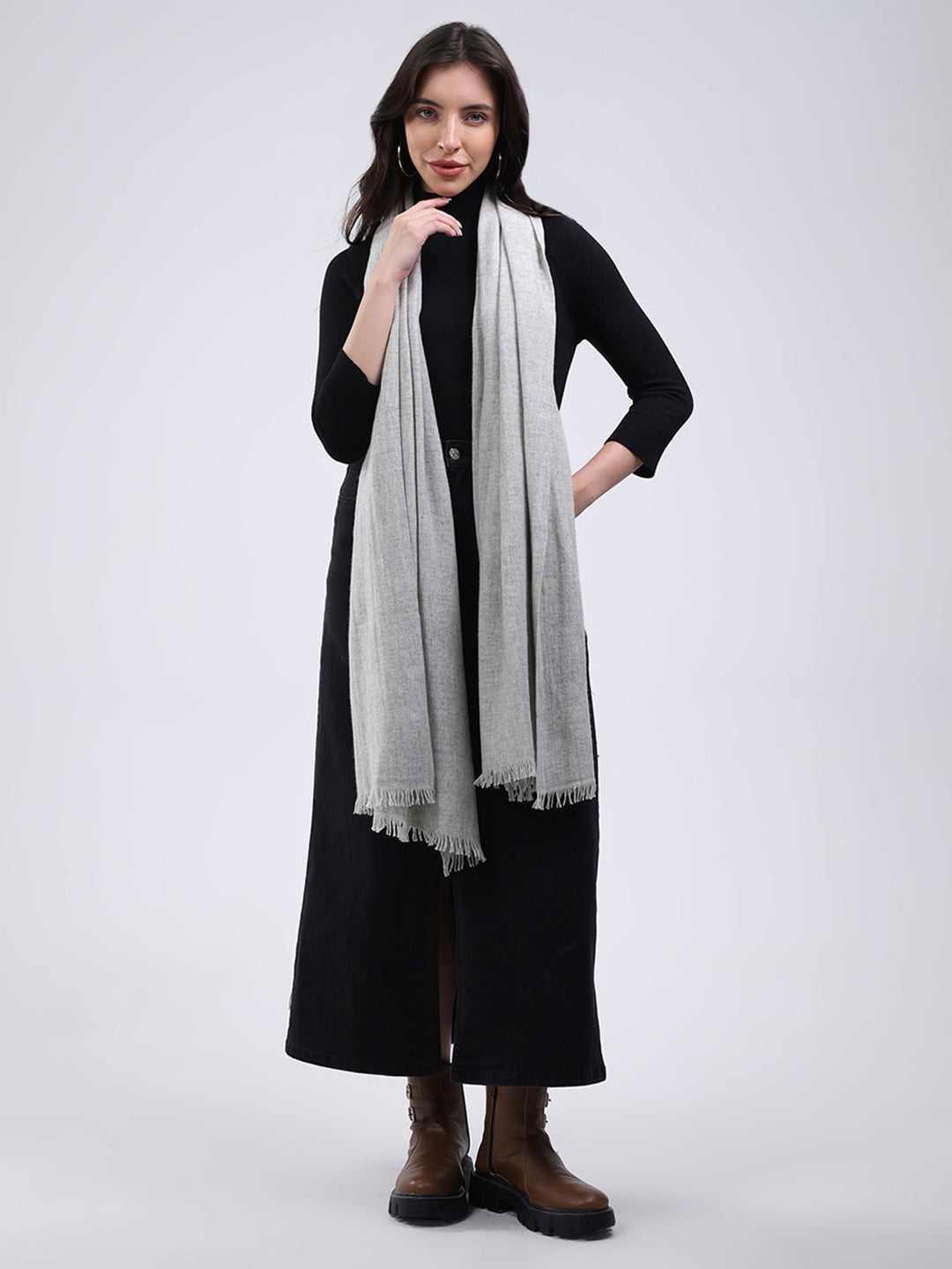 Women Grey Solid Wool Blend Stole