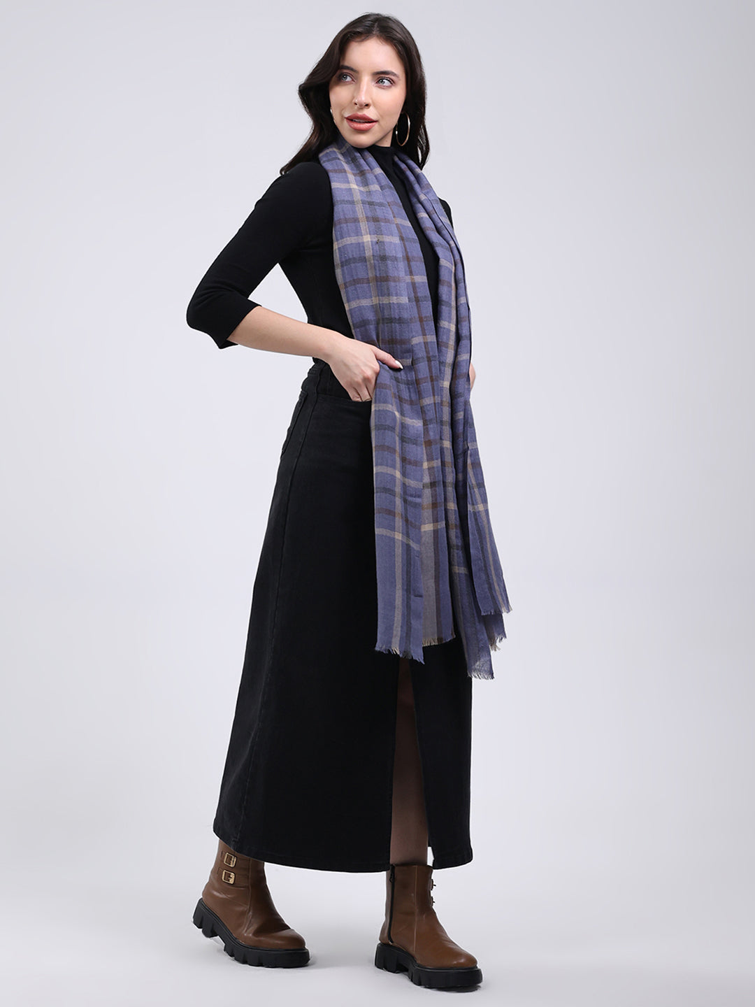 Women Blue Solid Wool Blend Stole