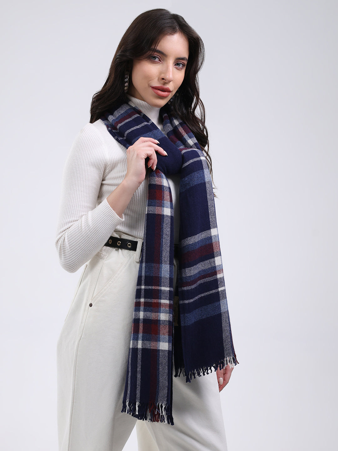 Women Navy Blue Solid Wool Blend Stole